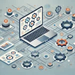 An illustration in a flat, modern design featuring a laptop at the center, surrounded by interconnected flowcharts and mechanical gears, symbolizing automation in a corporate context. The background has subtle circuit-board patterns, complementing the professional theme. The color scheme is soft blues and grays, with vibrant orange highlights. At the top, bold, clean text reads 'How to Implement Business Process Automation: A Comprehensive Beginner’s Guide.' The image conveys innovation, professionalism, and technical expertise